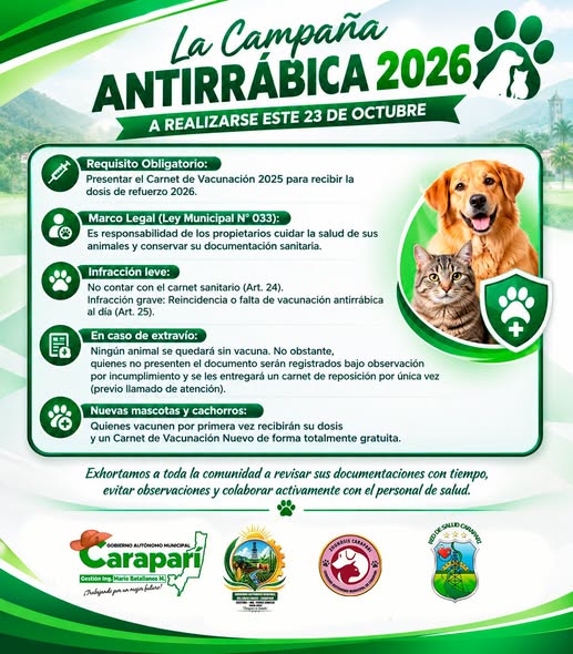 Se realizará campaña contra la rabia canina y felina en Carapari